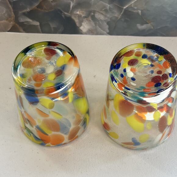 Hand Blown Drinking Glasses 4" Set of 2 Multicolor Dotted Tumbler - Picture 5 of 7